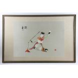 Japanese embroidered sword dancer, 24" x 38" framed. Provenance: From a Danvers, Massachusetts
