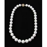 Graduated South Sea pearl necklace, with 14k gold clasp, approximately 11 to 14 mm, 17" L.