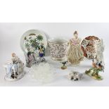 German porcelain figures and Staffordshire figure, (3) total; three (3) La Chasse dishes; and