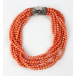 Old exceptional natural coral necklace, seven strand with silver, 16" L. Provenance: From a