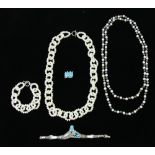 White and black pearl necklace with seed pearl chain style, 46" L, together with other necklace, 18"