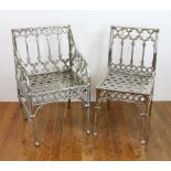 Gothic Victorian brass armchairs, 33" H x 18" W x 17" D. Provenance: From an Everett,