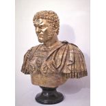 Carved brocatello marble Roman bust of Caracalla, with gilt bronze head and bronze trim, 31" H x 23"