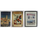 Old travel posters, group of three, sizes include: 40" x 25", 34" x 25", and 39" x 27".