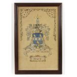 Stacy Family coat of arms, hand drawn and colored, framed 20" x 13 1/2".