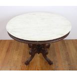 19th century American Victorian walnut center table have oval marble top, initialed F.W. 11, 28" H x