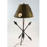 Wrought iron Indian arrow lamp with shade, 30" H x 14" W. Provenance: From a Danvers,