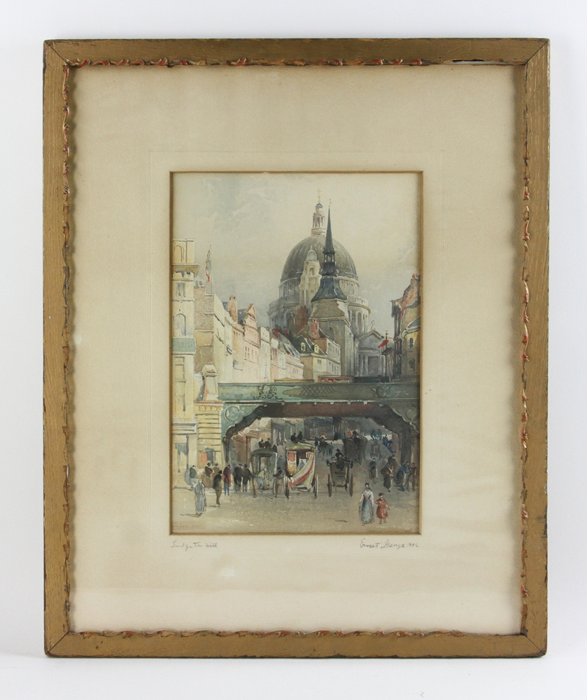 Ernes George 1886, view of Ludgat Hill in London, print, framed 23" x 19". Provenance: From a Delray