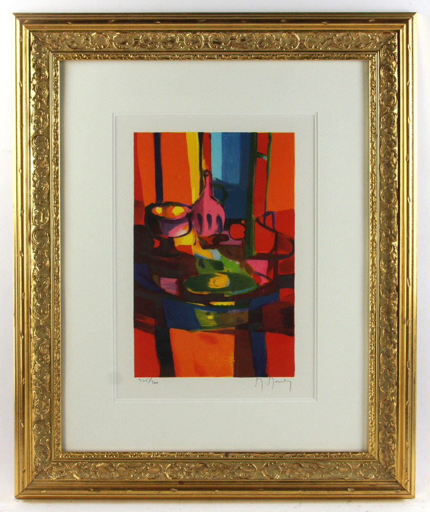 Abstract still life, print, signed in pencil indistinctly, framed 26" x 21". Provenance: From a Wenh