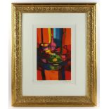 Abstract still life, print, signed in pencil indistinctly, framed 26" x 21". Provenance: From a Wenh