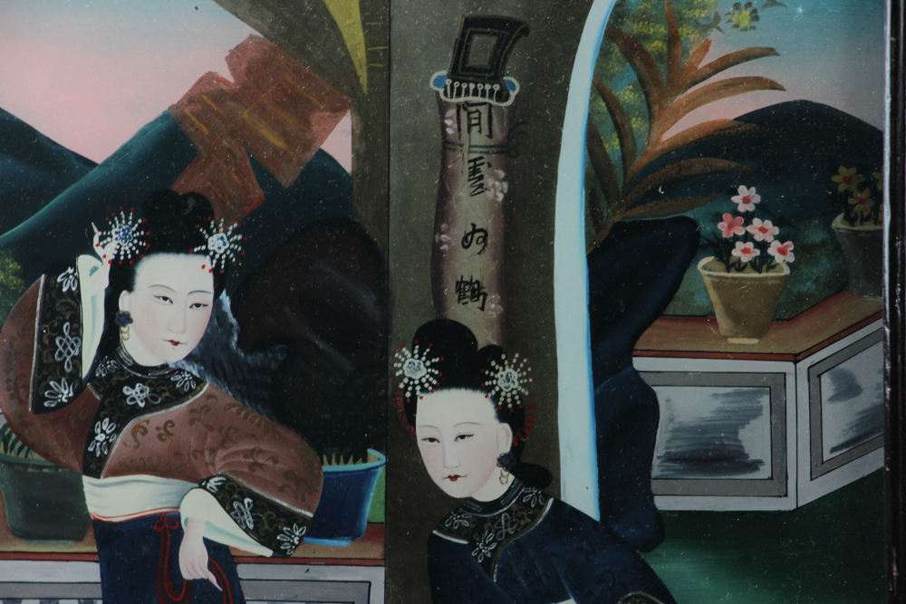 Chinese reverse painting on glass, group of three, 22" x 15 1/2". Provenance: From the estate of - Image 4 of 5