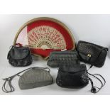 Assorted beaded handbags and gloves with framed fan. Provenance: From a Coronado, California