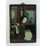 Chinese reverse painting on glass of a young girl and cat, 27" x 19". Provenance: From a Delray
