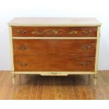 Circa 1930s mahogany and floral painted three drawer chest, 36" H x 48" W x 21" D. Provenance: