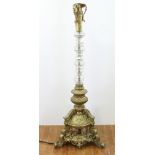 19th century French bronze standing floor lamp with crystal neck, 70 lbs, 57" H x 21" W. Provenance: