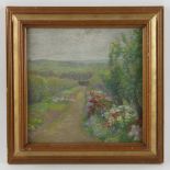 Anna C. Tomlinson (American, 1872-1962), garden view, pastel, 10" x 9 1/2", framed 13" x 13".