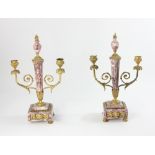 19th century French ormolu and pink marble garniture set, three pieces, 20 1/2" H x 11" W, 14" H x