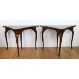 Pair of 19th century Dutch marquetry inlaid handkerchief-style mahogany tables, 29" H x 43" W x
