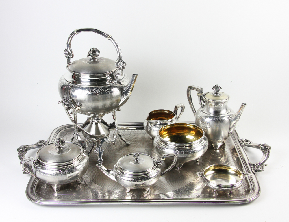 Christofle marked 8 piece silverplated tea set having a dragon handle tray, marking numbers 30,