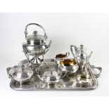 Christofle marked 8 piece silverplated tea set having a dragon handle tray, marking numbers 30,