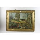 Hilding Persson, woodland scene with house, oil on canvas, dated 1953, 16" x 26", giltwood frame 23"