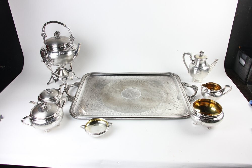 Christofle marked 8 piece silverplated tea set having a dragon handle tray, marking numbers 30, - Image 8 of 10