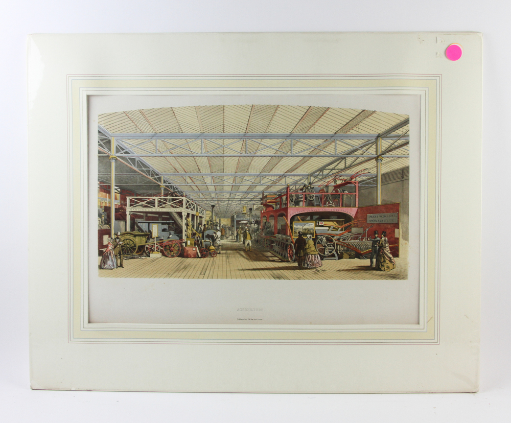 Two chromolithographs, Dickenson Bros, machinery and agriculture, dated 1852, 15" x 21". Provenance: