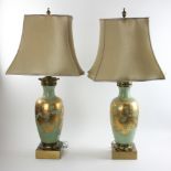 Pair of celadon lamps with shades, 35" H to top of finial. Provenance: From a Swampscott,