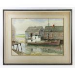 J. Albert Wilson signed, Lobster Boat at Dock, watercolor, 22" x 28". Provenance: From a Hamilton,