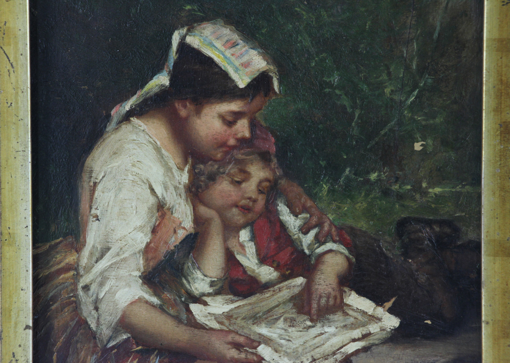 James Califano, girls reading, oil on board, signed, 8" x 10". Provenance: From a Beverly, - Image 3 of 5