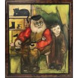 Shoe cobbler with grandson and cat, oil on canvas, signed Badowska Wojaik, 23 1/2" x 19 1/2", framed