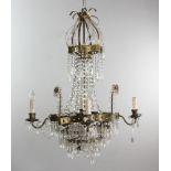 Hollywood Regency brass and crystal drop chandelier, 34" H x 30" W. Provenance: From a New York, New