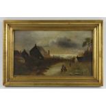 Initialed JSBG, Dutch scene with figures and house, oil on board, 10" x 15" framed. Provenance: From