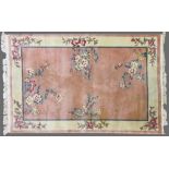 Chinese rug with coral, blue, pink, and cream colors, 8' 8" x 5' 6".