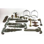 Antique bronze and brass hardware, door knobs, plates and hinges, 49 lbs. Provenance: From an