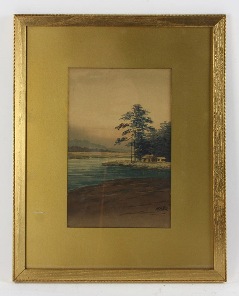 Hura signed, Japanese watercolor landscape, framed 16" x 12".