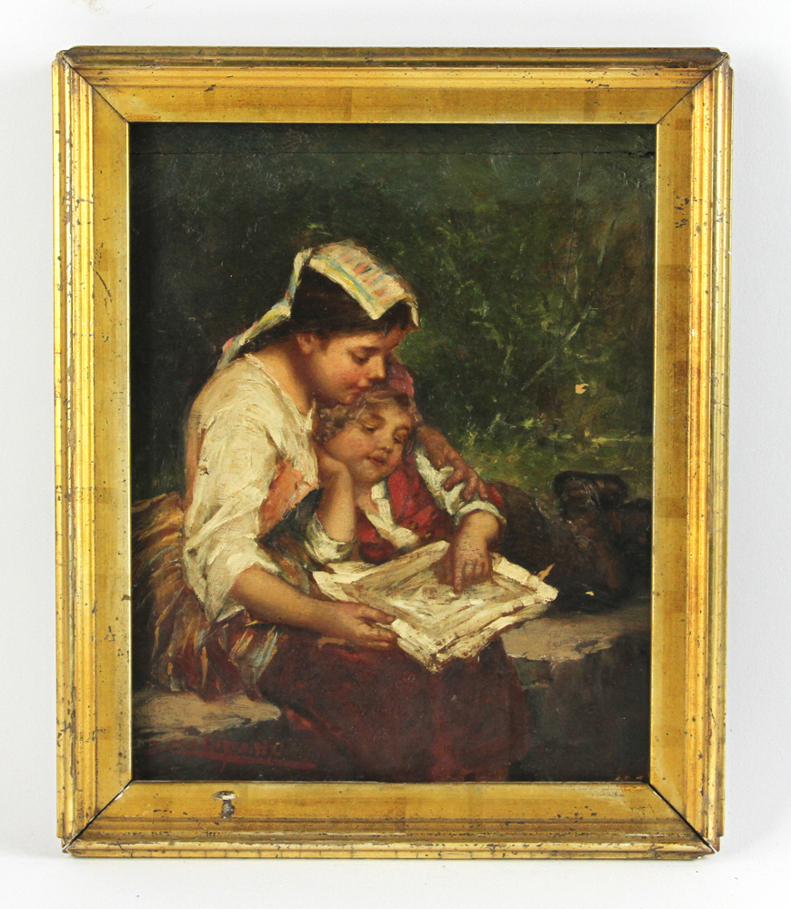 James Califano, girls reading, oil on board, signed, 8" x 10". Provenance: From a Beverly,