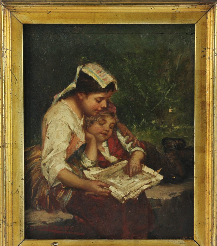 James Califano, girls reading, oil on board, signed, 8" x 10". Provenance: From a Beverly, - Image 2 of 5