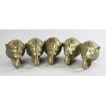 Brass lion heads, group of five (5). Provenance: From an Everett, Massachusetts estate.