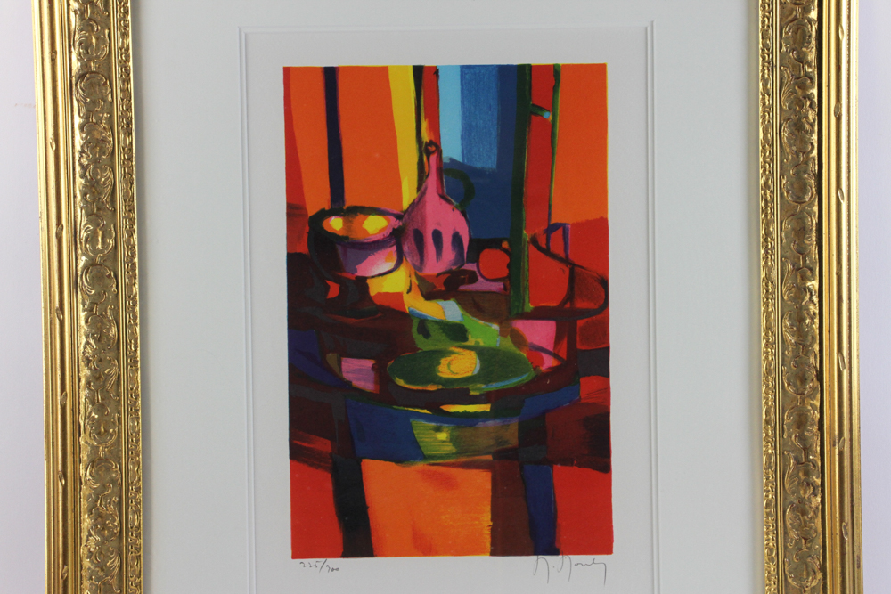 Abstract still life, print, signed in pencil indistinctly, framed 26" x 21". Provenance: From a Wenh - Image 2 of 5