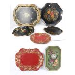 Group of seven tole decorated trays floral design. Provenance: From a Delray Beach, Florida estate.