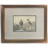 Pencil drawing of hunters, with pointer dogs; 5" x 7" (view), 12 1/2" x 14 1/2" (frame).
