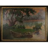 G. Conomou signed, boat docked on river with tree, oil on canvas mounted on board. Provenance: