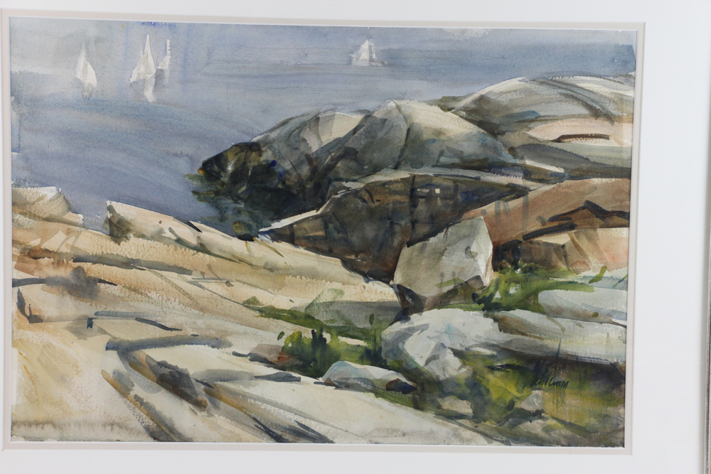 Betty Lou Schlemm (b. 1934), Pigeon Cove, Rockport, watercolor, signed, 15" x 22", framed 23" x 30". - Image 2 of 6