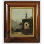 Painting of a bell tower in Switzerland 19th century, oil on canvas, signed indistinctly, 13 1/2"