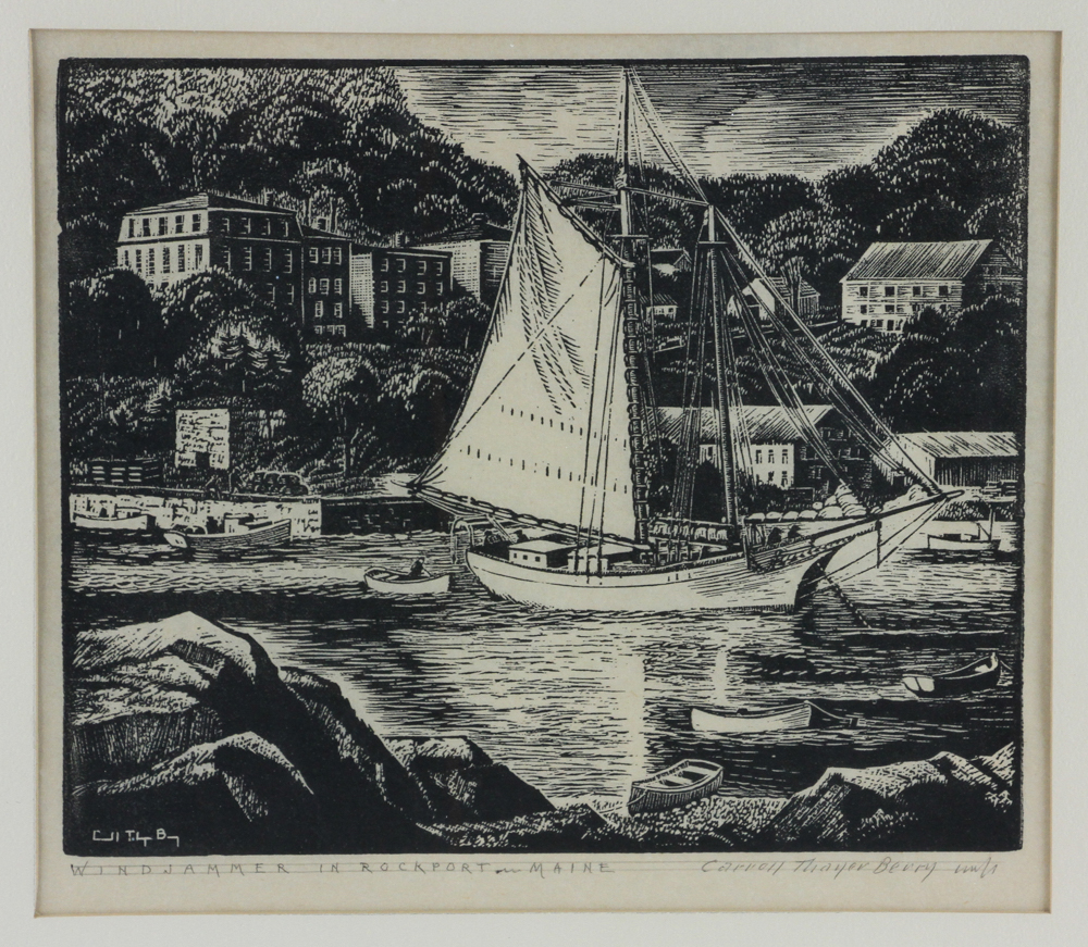 Carroll Thayer Berry (1886-1978), windjammer in Rockport, Maine, woodblock print, signed in - Image 2 of 4