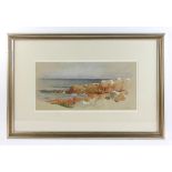A.T. Britcher, seashore with rocks and boats, watercolor on artist paper, signed, 10" x 20",