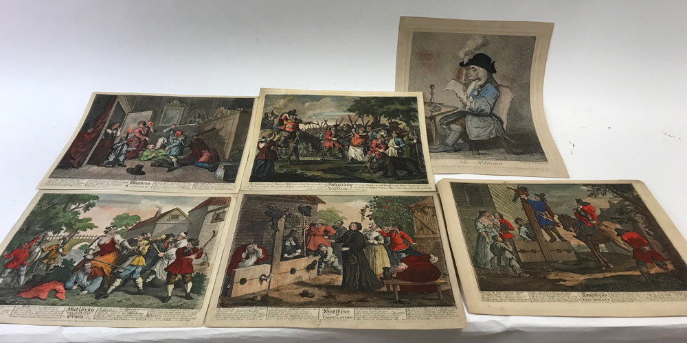 Group of six (6) 18th century William Hogarth (English) hand-colored prints, 11 1/2" x 15".