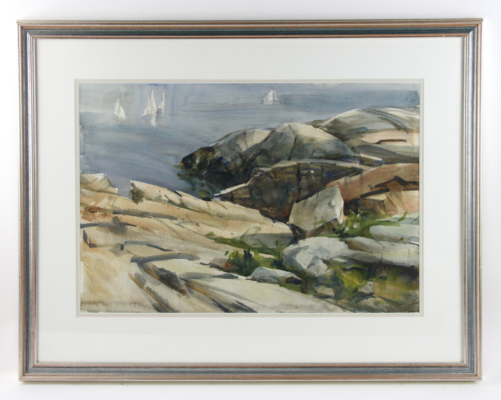 Betty Lou Schlemm (b. 1934), Pigeon Cove, Rockport, watercolor, signed, 15" x 22", framed 23" x 30".