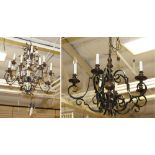 French chandelier with crystal prisms, 30" H x 24" W, together with iron chandelier, 21" H x 25"